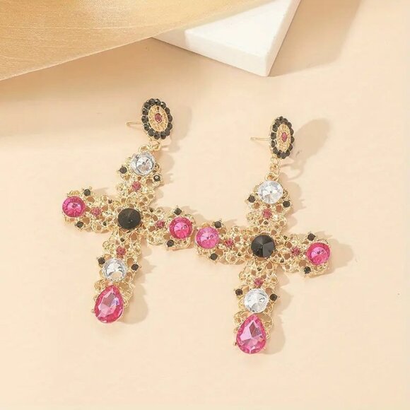Black Rhinestones Cross Dangle Earrings Exaggerated Y2K Style.  Gorgeous - Picture 3 of 4